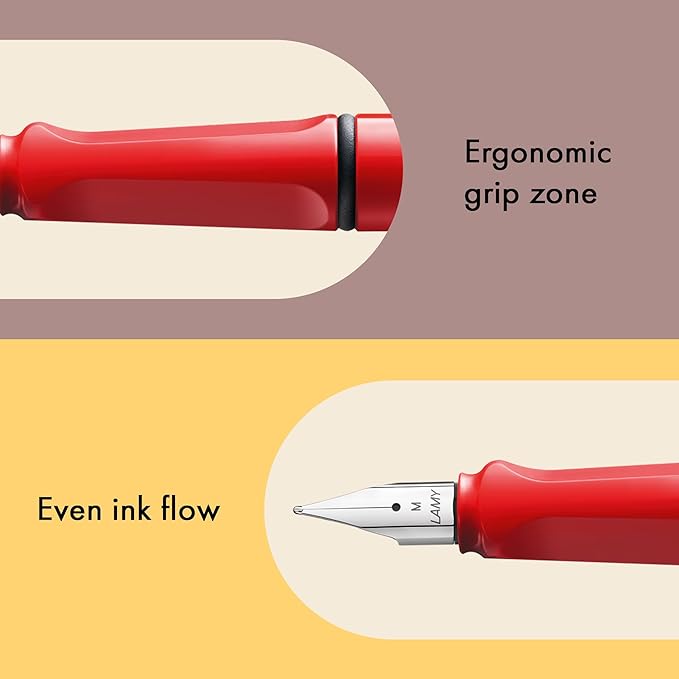 LAMY safari red - Fountain Pen with ergonomic grip & polished Left-Handed steel nib (LH) in size M - ideal for any Writing & Calligraphy - including LAMY T 10 blue cartridge