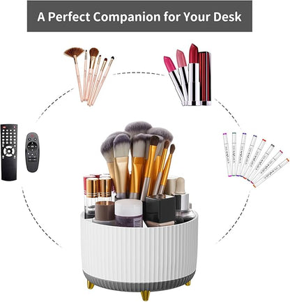 Marbrasse Desk Organizer, 360-Degree Rotating Pen Holder for Desk, Desk Organizers and Accessories with 5 Compartments Pencil Organizer, Art Supply Storage Box Caddy for Office, Home (White+Grey)