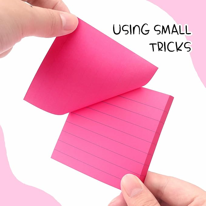 Lined Sticky Notes 3x3 Sticky Notes with Lines Self-Stick Notes Bright Color 4 Pads 90 Sheets/Pad (Rose Red)