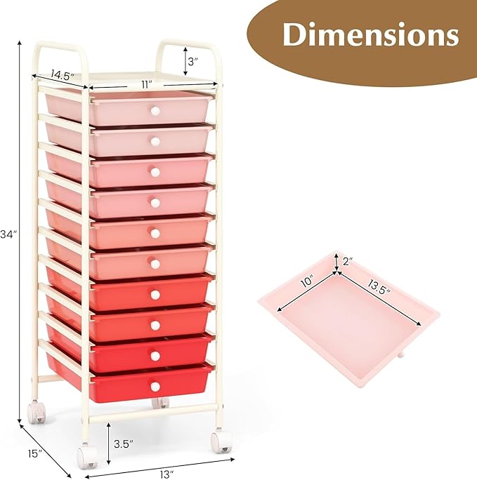 Storage Cart, Rolling Utility Cart with 10 Drawers, Portable Handles & Lockable Wheels, Mobile Paper Toys Storage Organizer Large Capacity for Home Office School Teacher (Gradient Pink)