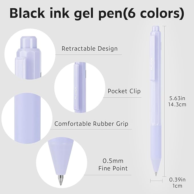NUSIGN Gel Pens, 6 Pcs 0.5mm Black Ink Pens Fine Point Smooth Writing Pens, High-End Pens for Journaling Note Taking, Cute Office School Supplies Gifts for Adults
