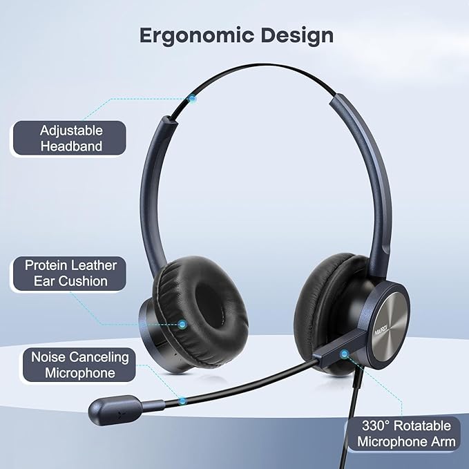 Phone Headset with 2.5mm & 3.5mm Connector for Deskphone Cell Phone PC Laptop, CallCenter Office Headset with Microphone Noise Canceling for Panasonic AT&T Vtech Cordless DECT Phone for Polycom