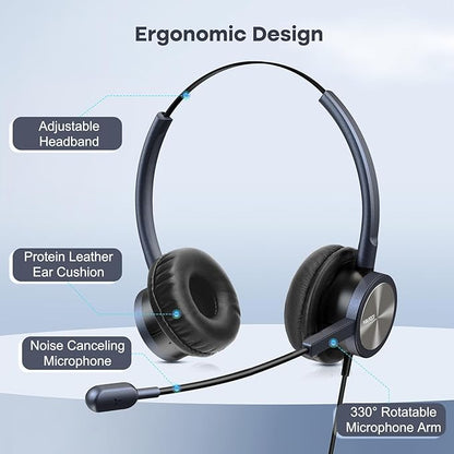 Phone Headset with 2.5mm & 3.5mm Connector for Deskphone Cell Phone PC Laptop, CallCenter Office Headset with Microphone Noise Canceling for Panasonic AT&T Vtech Cordless DECT Phone for Polycom