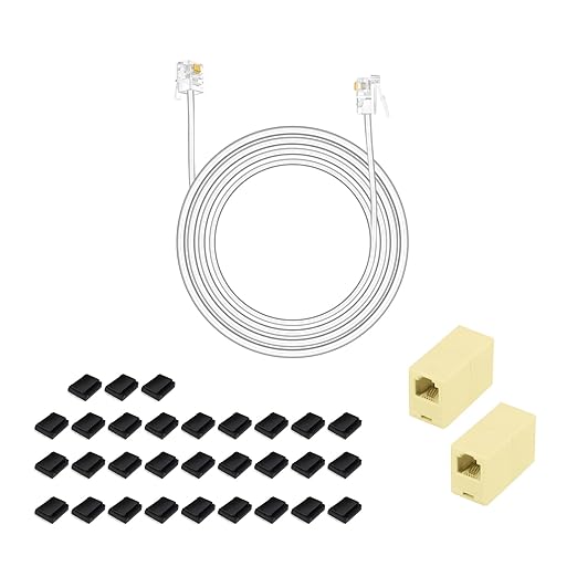 OLIREXD 10 FT RJ11 6P4C Telephone Extension Cable with 30 PCS Adhesive Cable Organizers and 2 Female to Female Inline Couplers for Landline System, Answering Machine, Fax