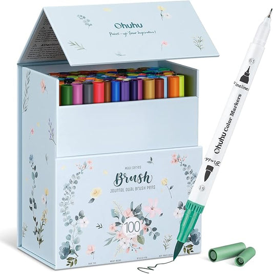 Ohuhu Markers for Adult Coloring Books No Bleeding 100 Colors Coloring Markers Water-based Dual Tips Fineliner & Brush Drawing Pens Art Markers for Kids Adults Sketch Journal - Maui - White