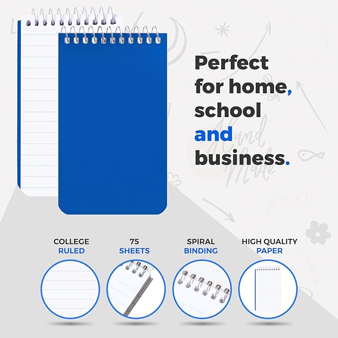 Small Notebooks, Spiral Notepads 3x5 - (Pack of 10) Pocket Notebook, Memo Pads For Home, Office, College, School - Lined College Ruled Paper - 5 Colored Notebooks, 75 Sheets Per Notebook