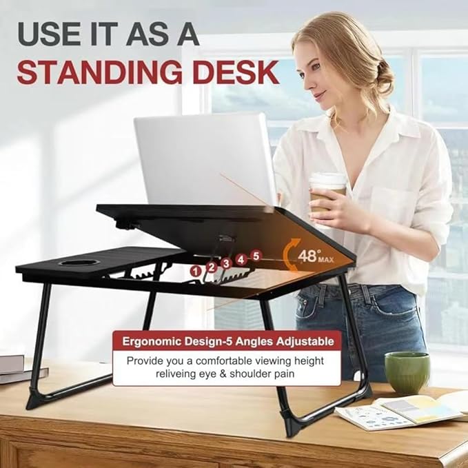 Laptop Desk for Bed Couch,Adjustable Bed Laptop Table,Laptop Stand for Bed,Portable Lap Desk for Laptop,Laptop Bed Tray Table with Cup Holder,Foldable Bed Table for Laptop and Writing Eating(Black)