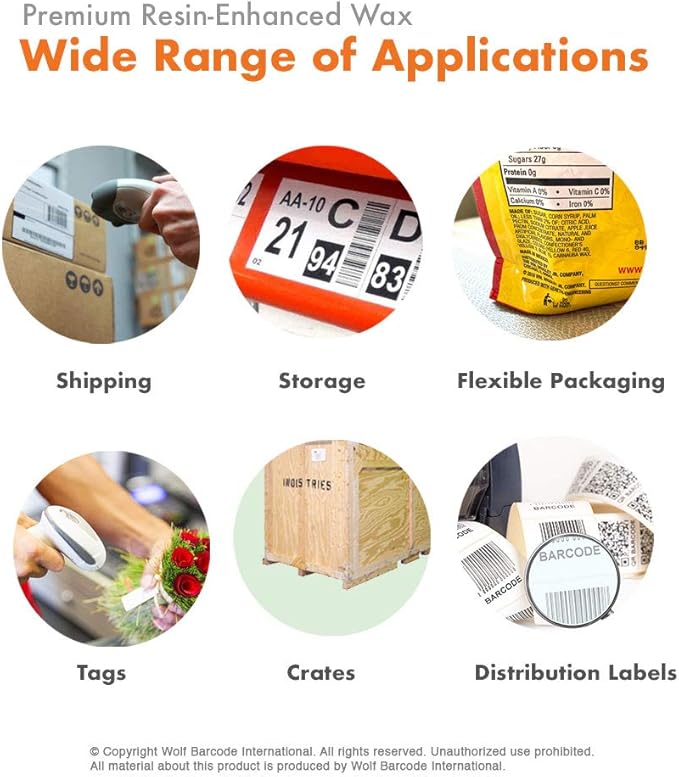 3 Rolls Wolfbarco 2.52" x 1476' (64mm x 450m) Black Premium Resin-Enhanced Wax Thermal Transfer Ribbon Compatible with Zebra,TEC, INTERMEC,Citizen,TSC,GODEX,ARGOX Printers