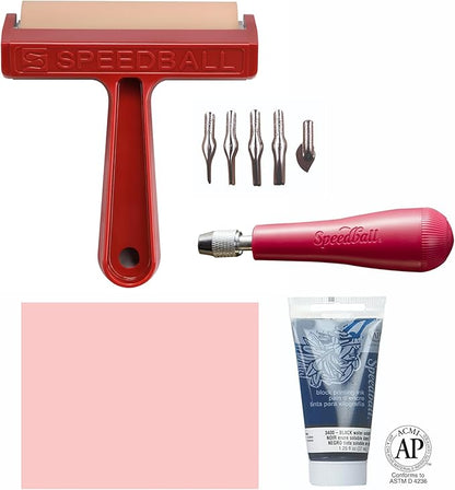 Speedball 3471 Super Value Block Printing Starter Kit – Includes Ink, Brayer, Lino Handle and Cutters, Speedy-Carve
