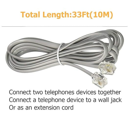 Phone Extension Cord 33 Ft, Telephone Cable with Standard RJ11 Plug and 1 in-Line Couplers and 20 Cable Clip Holders, Grey