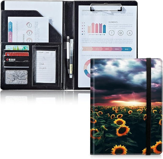 Padfolio Folder with Clipboard,Portfolios Organizer Clipboards with Storage Clipboard Writing Pad PU Leather Conference Document Organizer with Business Card Holder,Sunflower