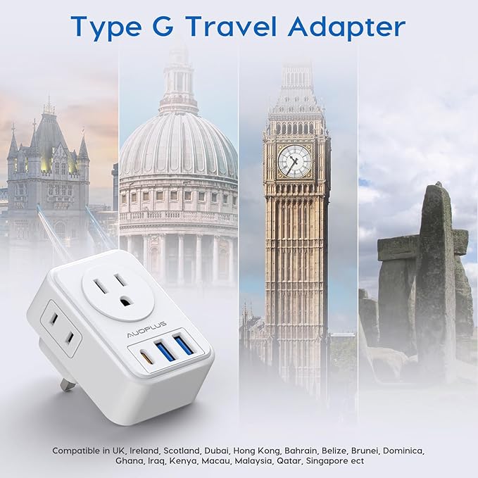 US to UK Plug Adapter 2 Pack, AUOPLUS Type G Ireland Travel Adapter with 4 Electrical Outlets 3 USB Charger, International Power Adapter, Cruise Ship Essentials for USA to Scotland England British
