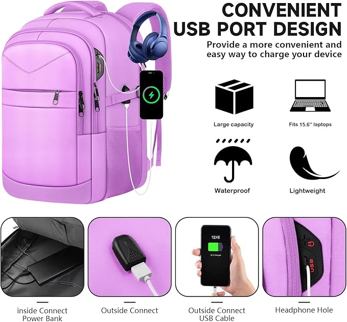 Lapsouno Laptop Backpack, Travel Laptop Backpack, 15.6 Inch Carry on Backpack with USB Port, Anti Theft TSA Travel Bag for Women,College School Backpack for Women,Light Purple
