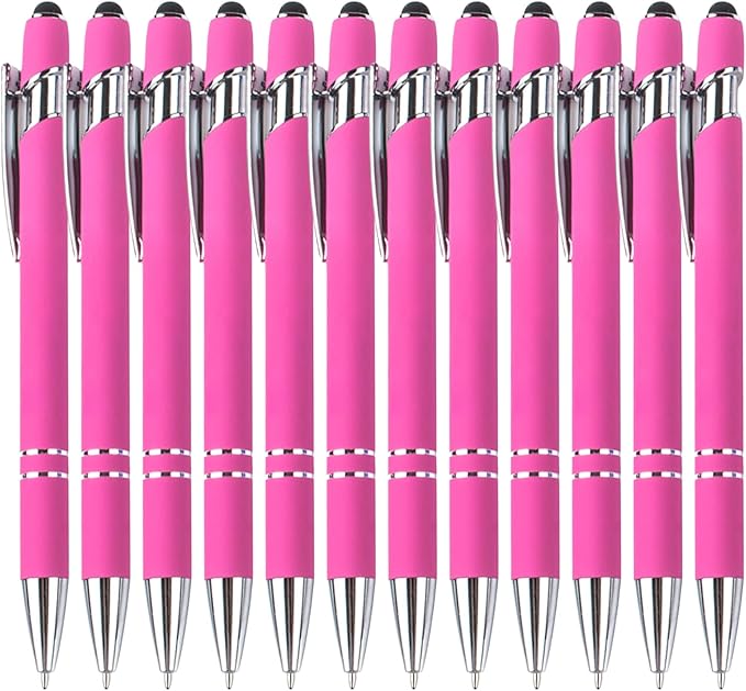 Ballpoint Pens with Stylus Tips，12 Pcs Pink Retractable Metal Stylus Pen for Touch Screens, 1.0 mm Black Ink