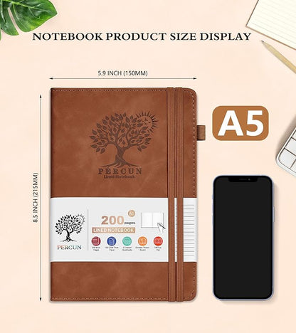 Lined Journal Notebook for Women and Men,Hardcover Leather Journaling Notebook for Writing, Travel, Business, Work and School,200 Pages A5 Notebook for Note Taking, Diary 5.9" × 8.5" - Brown