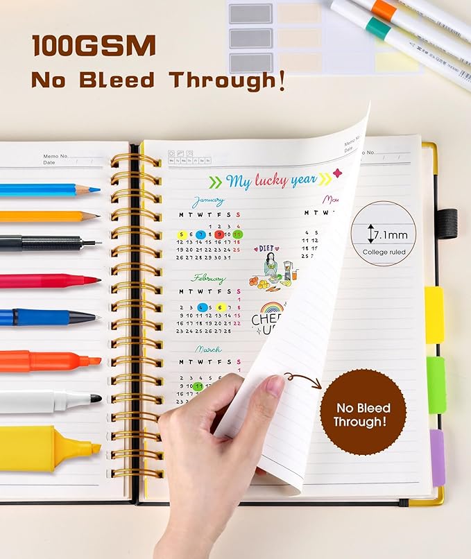 Hardcover Spiral Notebook journal with Removable Dividers Tabs, 300 Pages Leather 5 Subject Notebook College Ruled, 100GMS A5 Notebooks for Work School Note taking,Lined Journal for Women,A5-Black