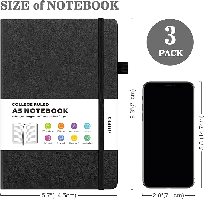 OMEYA Lined Journal Notebook, 3 Pack A5 College Ruled Notebooks for Work, Hardcover Notebook Each with 2 Pockets & Pen, Leather Journal for Women, Men, 160 Pages, 100GSM Thick Paper (Black)