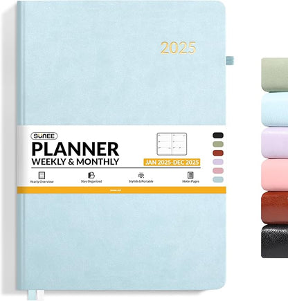 SUNEE 2025 Weekly & Monthly Hardcover Planner 8" x 11" - 12 Month (January 2025 - December 2025), Small Hardcover Planner, Pocket, Notes, 100 GSM Paper, Grey Blue