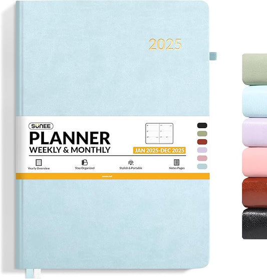SUNEE 2025 Weekly & Monthly Hardcover Planner 8" x 11" - 12 Month (January 2025 - December 2025), Small Hardcover Planner, Pocket, Notes, 100 GSM Paper, Grey Blue