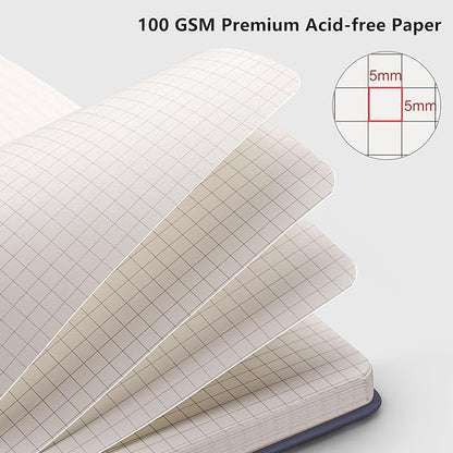 RETTACY Graph Paper Notebook, A5 Grid Notebook Journal with 192 Pages, 5.7'' × 8.3'', Medium Size, Leather Hardcover, 100 GSM Thick Paper, for Students, Homework, Math, Engineering (Navy Blue)