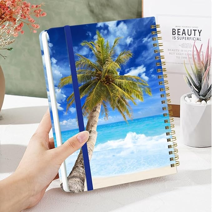 Spiral Notebook - A5 Spiral Notebooks, 8.3'' × 5.8'', 160 Pages, Aesthetic Journaling Notebooks for Women, College Lined Notebook with Elastic Closure, Back Pocket, for School Office, Tree