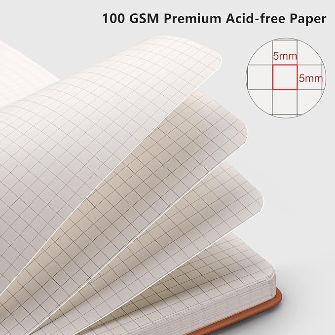 RETTACY Graph Paper Notebook, A5 Grid Notebook Journal with 192 Pages, 5.7'' × 8.3'', Medium Size, Leather Hardcover, 100 GSM Thick Paper, for Students, Homework, Math, Engineering (Brown)