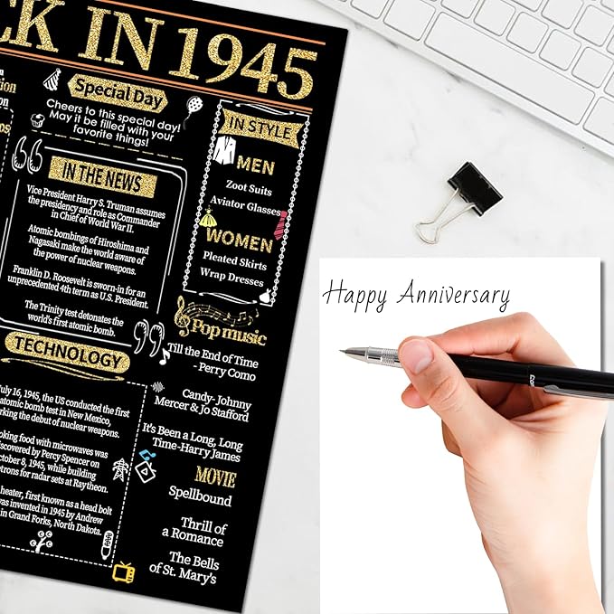 Joycard 80th Anniversary Card for Women Men, Gold Wedding Card for Wife Husband, Sweet Marriage Decorations Gifts for Couple, Perfect for Her Him on Anniversary Day, Back in 1945