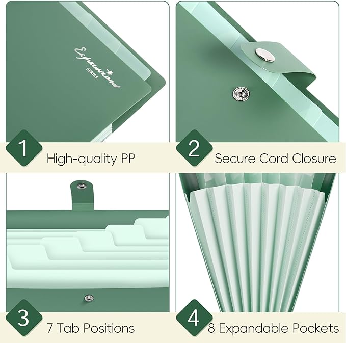 Sooez Elegant Accordion File Organizer with Labels, 8 Pocket Expanding File Folder, Portable Folders for Documents, Cute Paper Organizer for School Office Supplies, Letter Size, Grey