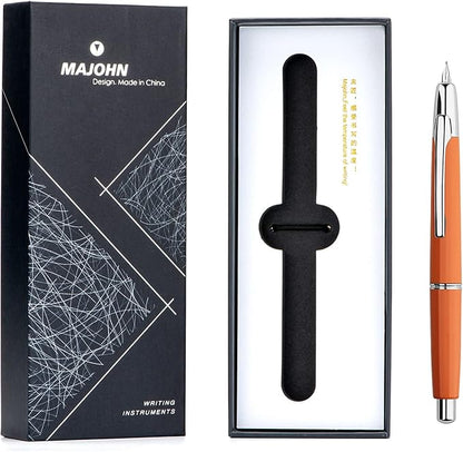 Majohn A2 Press Fountain Pen Extra Fine Nib with Box, Retractable Orange Resin Ink Pen with Converter Writing Pen Set (Silver Clip Version）