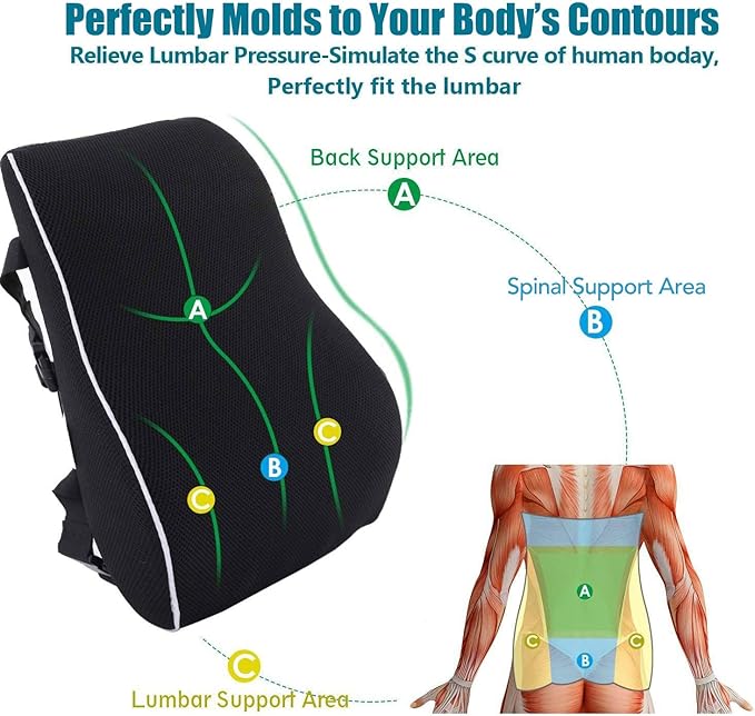 QUTOOL Lumbar Support Pillow for Office Chair Back Support Pillow for Car, Computer, Gaming Chair Memory Foam Back Cushion for Back Pain Relief Improve Posture, Mesh Cover Double Adjustable Straps