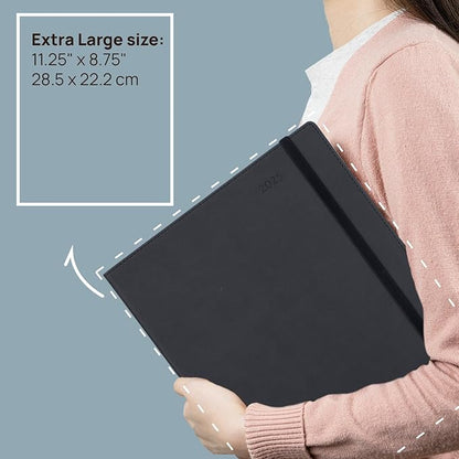 POPRUN 2025 Monthly Calendar 8.5" x 11", Large Writing Space Monthly Planner with PU Leather Soft Cover, Dual Pockets, Monthly Tabs, 100GSM Thick Paper, Sunday Start - Black