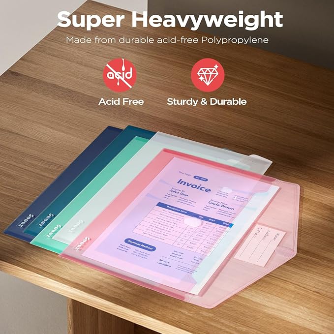 Sooez 10Pack Envelopes, Clear Folders for Documents, Trendy Colors, Super Heavyweight Plastic Document Holders, Storage Pouches, File Envelopes for School & Office Supplies