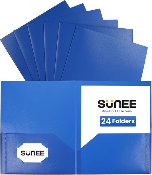 SUNEE 2 Pocket Folders (24 Pack, Blue) Heavy-Duty Plastic Folders with Pockets, Fit 8.5x11 Letter Size Paper, 2-Pocket File Folders for Kids, Home, School, Office