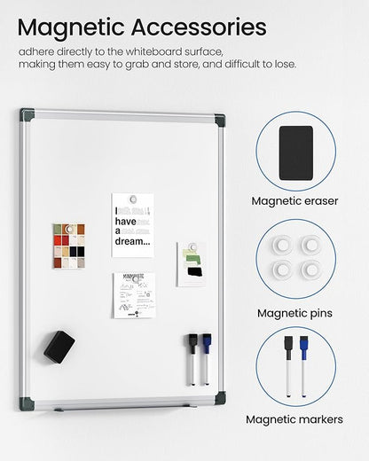 VUSIGN Magnetic White Board Kit for Wall 24" x 18", 1 Dry Eraser & 2 Multicolor Markers & 4 Magnetic Pins, Sliver Reinforced Aluminum Frame for Home, School, Office