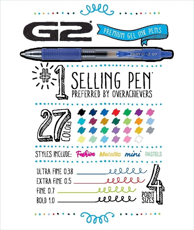 Pilot, G2 Premium Gel Roller Pens, Fine Point 0.7 mm, Assorted Colors, Pack of 7