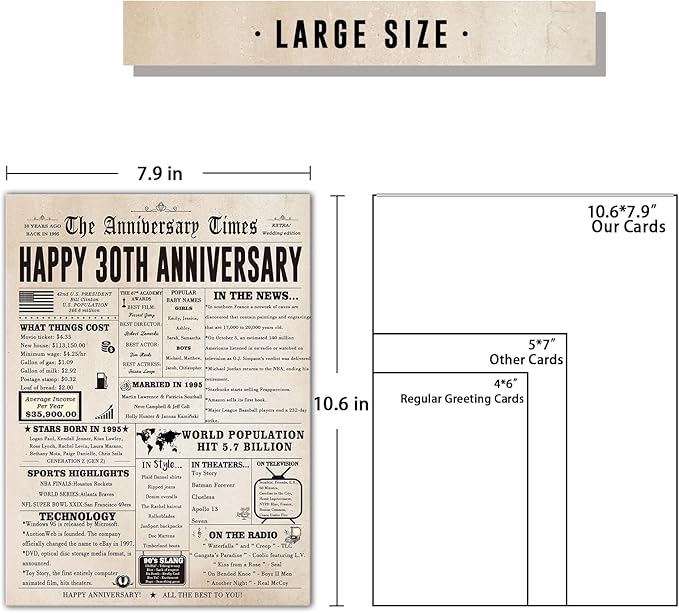 Big 30th Anniversary Cards for Women Men, Sweet 30 Year Anniversary Card for Husband Wife, Unique Pearl Wedding Gifts for Parents
