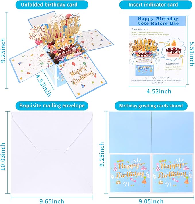 Tnvee 65TH Birthday Cards with Lights & Music & Candle, 3D Large Pop Up Happy Birthday Cards for Women Man Greeting Cards Decorations for 65 Years Old Mom Dad Wife Husband Friend