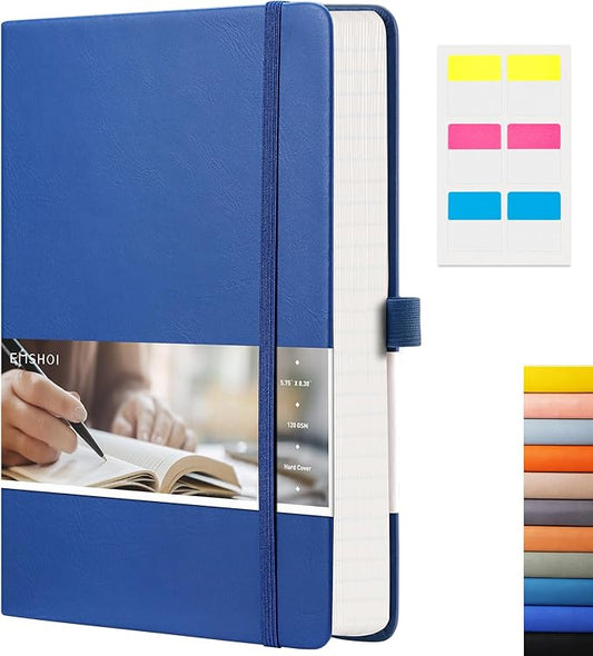 EMSHOI Lined Journaling Notebooks - 120gsm Thick Leather Journal with Sticky Notes, 256 Numbered Pages A5 Hardcover College Ruled Notebook for Women Men Work School Writing, 5.75" x 8.38"-Blue