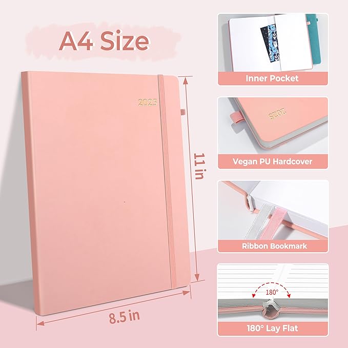 SUNEE 2025 Weekly & Monthly Hardcover Planner 8" x 11" - 12 Month (January 2025 - December 2025), Small Hardcover Planner, Pocket, Notes, 100 GSM Paper, Peach Pink