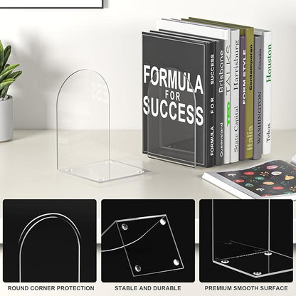 Acrylic Bookends 4 Pieces, Book Ends for Shelves, Clear Bookends for Book Shelves and Desktop Organizer, Transparent Bookends to Hold Books for Home Office Supplies