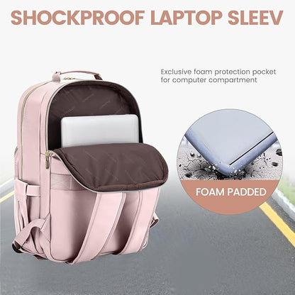LOVEVOOK Leather Backpack for Women,15.6 inch Leather Laptop Backpack Women Computer Backpack Laptop Bag,Stylish Quilted Travel Backpack Purse Work Bag College Teacher Backpack with USB Port,Rose Pink