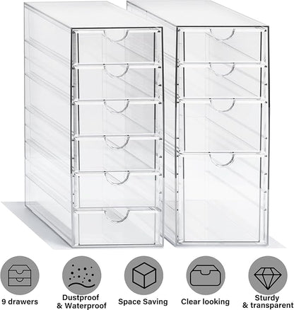 Prsildan Acrylic Drawer Makeup Organizer with 10 Drawers, Set of 2 Office Desk Organizers Accessories, Clear Stackable Storage Drawers for Vanity, Countertop, Craft, Jewelry, Art Supply Organization