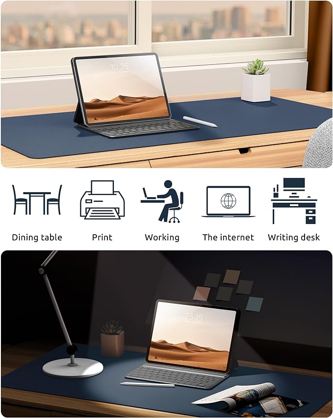 YSAGi Leather Desk Protector, Office Mat, Large Mouse Mat, Non-Slip PU Leather Blotter, Laptop Desk Mat, Waterproof Writing Pad for Office and Home (Dark Blue, 23.6" x 13.8")