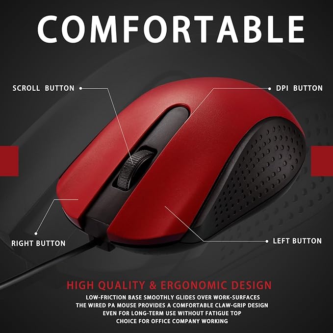 Hoteam 12 Pcs Wired Computer Mouse Bulk Cord USB Computer Mice Ergonomic Wired Mouse for Pcs, Computers, Laptops, Gaming Office Home Supplies (Red)