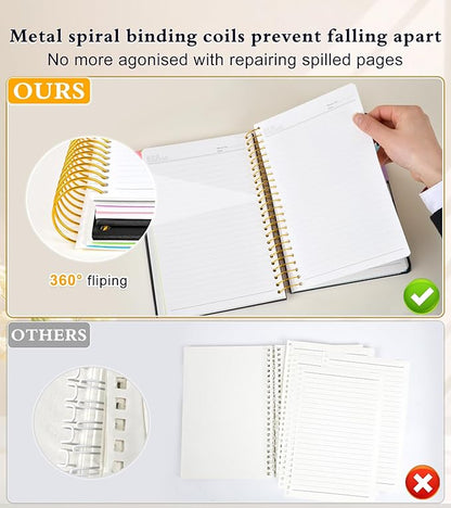 5 Subject Notebook College Ruled, Hardcover Spiral Notebook with Removable Pocket Dividers Tabs, 240 Pages Lined Spiral Journal Notebook for Women, 6x8.5 Notebooks for Work School Note taking A5 Black