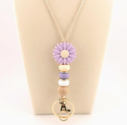 Flower Teacher Lanyards ID Badge and Key Chain, Cute Silicone Beads Lanyard for Women Nurse Work Student (Lavender)