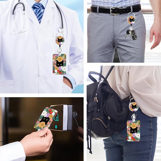 Cute Cat Hidden in The Flowers Badge Holder with Retractable Reel and Breakaway Lanyard，Badge Clips Retractable Heavy Duty Badge Reel，ID Holder with Breakaway Lanyard for School Nurse Office Teen ﻿