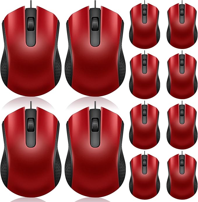 Hoteam 12 Pcs Wired Computer Mouse Bulk Cord USB Computer Mice Ergonomic Wired Mouse for Pcs, Computers, Laptops, Gaming Office Home Supplies (Red)