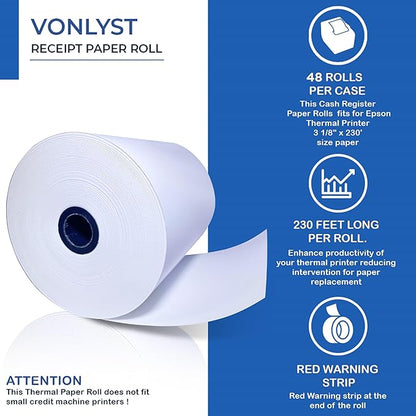 3 1/8 x 230 Thermal Paper Receipt Roll for Epson Printer (Pack 48 rolls)