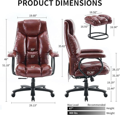 Office Chair Big and Tall, High Back Home Office Chair 400 lbs, Executive Desk Chair, Ergonomic Office Chair with Padded Armrest, Swivel Computer Chair PU Leather (Brown)